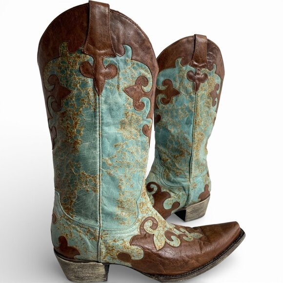 Lane boots Shoes - Lane Turquoise Brown Snip Toe Leather Cowboy Western Cowgirl Boots Women's 10.5